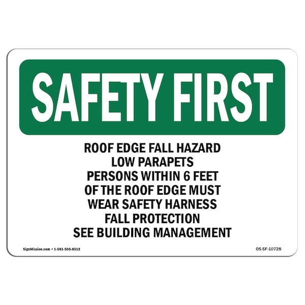 OSHA, Roof Edge Fall Hazard Low Parapets Persons, 24in X 18in Rigid Plastic, 24" W, 18" H, Landscape